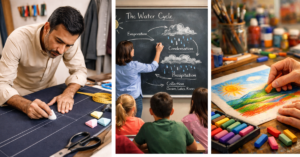 A combined illustration showing a Pakistani tailor marking fabric with chalk, a teacher writing on a blackboard, and an artist creating colorful chalk artwork.