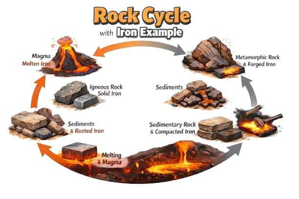 Educational infographic of the Rock Cycle, magma to igneous rock, sediments to sedimentary rock, metamorphic rocks, return to magma, explained using iron analogy, easy learning, geology for students