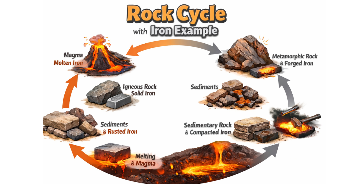 Rock Cycle with Iron: Simple Science Guid Diagram of the rock cycle showing igneous, sedimentary, and metamorphic rock transformations