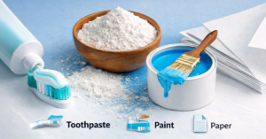 Kaolin clay with toothpaste, blue paint, and paper, illustrating its use in everyday products