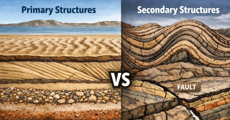 Primary and secondary structures in geology showing sedimentary layers, folds, faults, and fractures