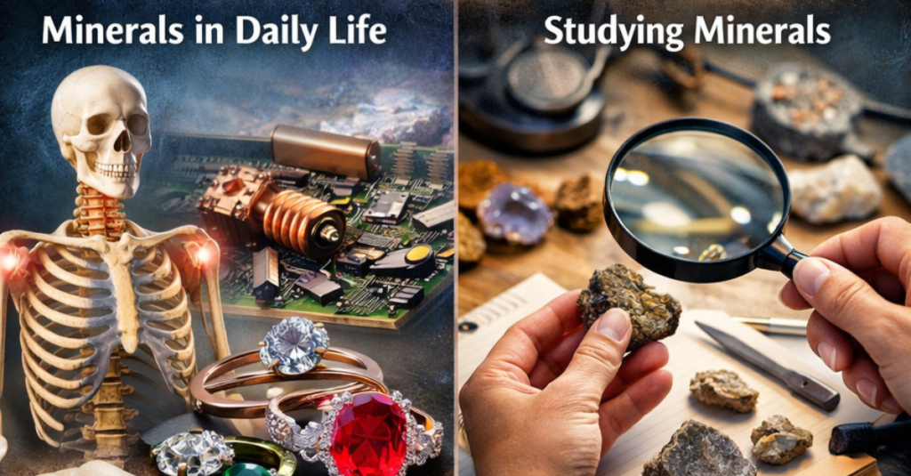 Composite image showing minerals in daily life and the study of mineralogy, including health, construction, and technology applications.