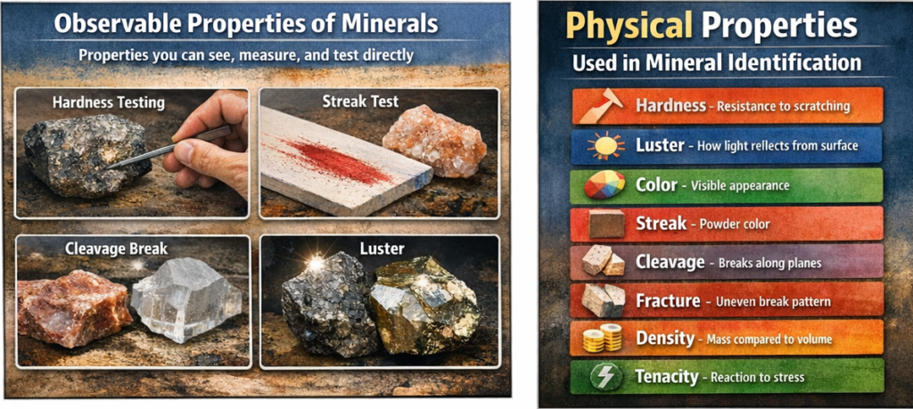 Diagram showing minerals and their main physical properties including hardness, luster, color, and density.