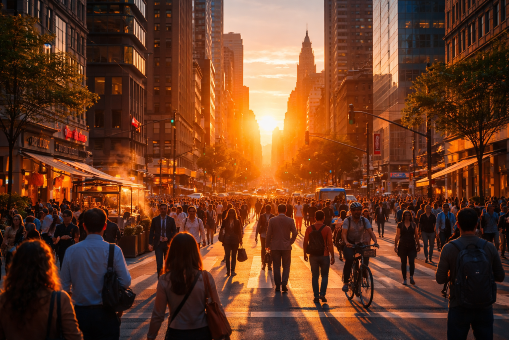Sun rising over a city street with people walking, cycling, and starting their daily routines