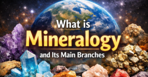 Illustration showing minerals, their types, and the main branches of mineralogy including physical, chemical, and descriptive mineralogy.