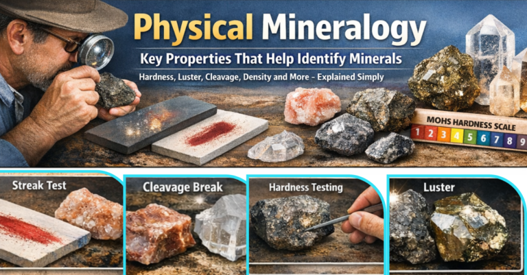 Physical Mineralogy: Key Properties & Importance Illustration showing key physical properties of minerals such as hardness, luster, color, cleavage, and density.