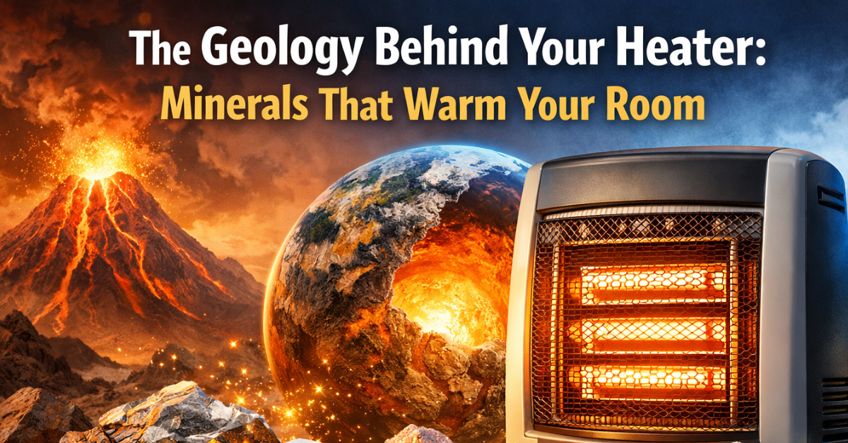 eature image for the article 'The Geology Behind Your Heater: Minerals That Warm Your Room', showing a space heater, minerals like Nickel and Kaolin Clay, and a volcano to illustrate how geological processes contribute to heating.