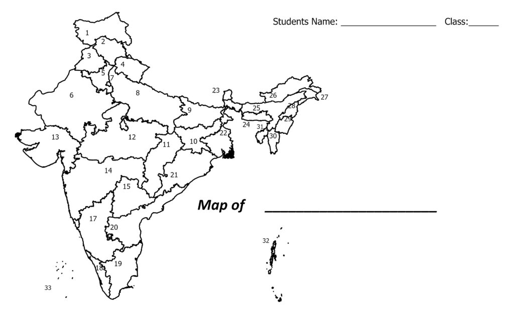 Blank India map with outlines of all states, designed for student practice and labeling exercises.