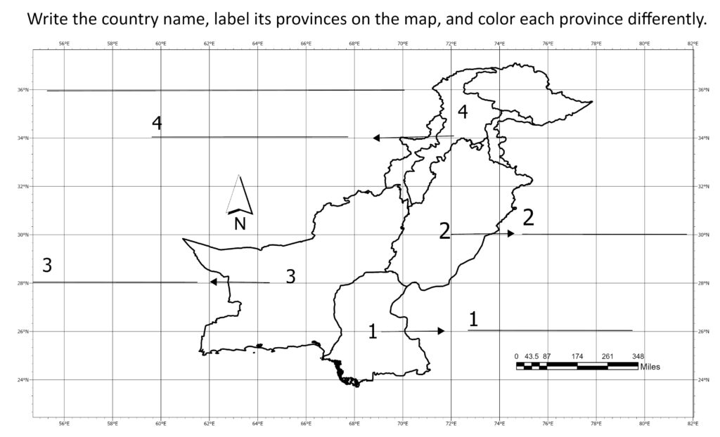Blank map of Pakistan showing provinces for labeling exercise