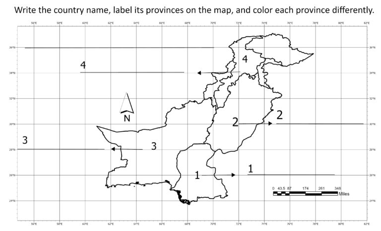 Pakistan Provinces Map Exercise Blank map of Pakistan showing provinces for labeling exercise