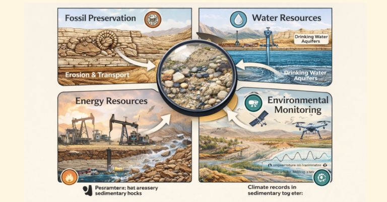 Scope of Sedimentology and Its Applications Infographic showing the scope of sedimentology including fossils, groundwater resources, energy exploration, and environmental monitoring