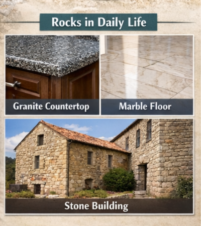 Illustration showing rocks used in construction, cement, glass, ceramics, and soil formation, representing their role in daily life.
