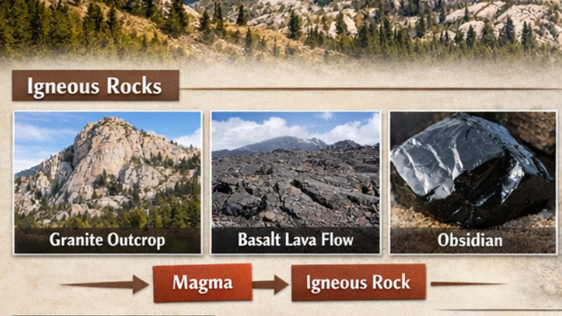 Diagram showing Marble and Slate transforming into metamorphic rocks under heat and pressure.