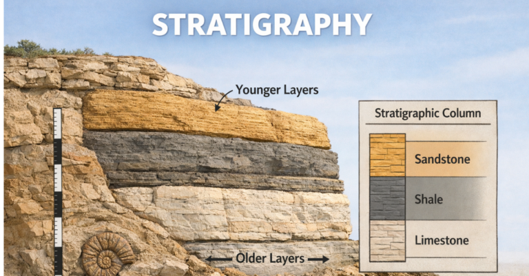 Stratified sedimentary rock layers illustrating stratigraphy and relative age of rocks