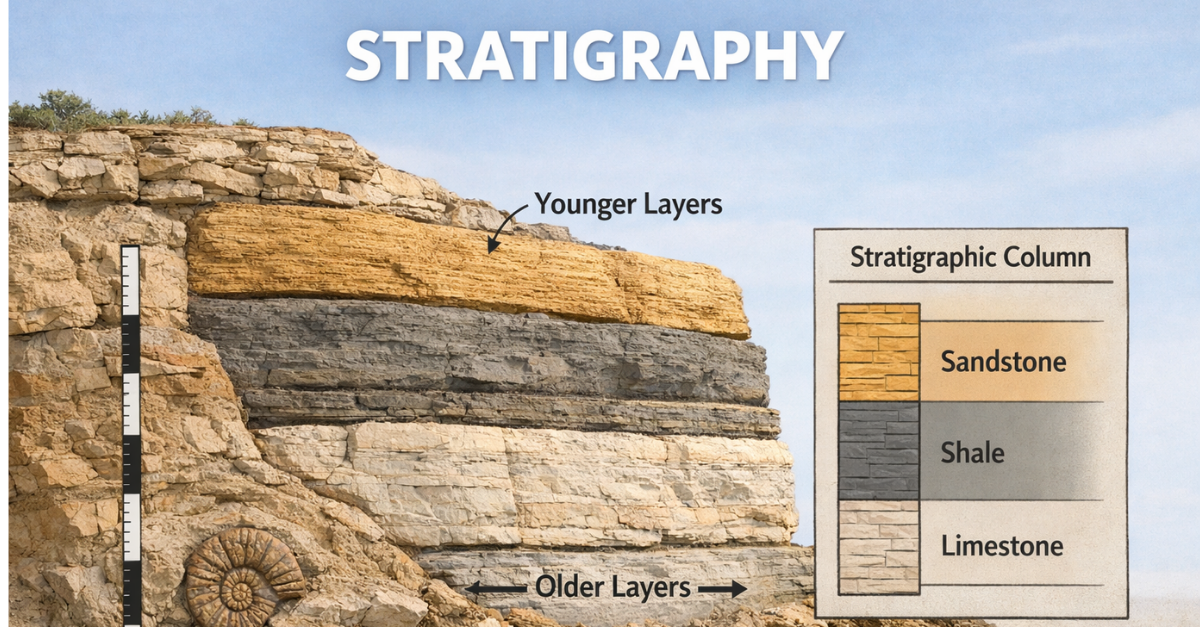 Stratified sedimentary rock layers illustrating stratigraphy and relative age of rocks
