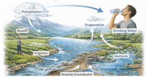 Scientific diagram showing hydrological cycle with precipitation, runoff, groundwater, aquifers, irrigation, wetlands, evaporation, and human water use.