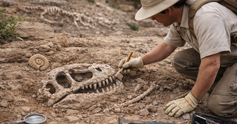 Man examining fossils in a rocky area, representing paleontology and the study of ancient life.