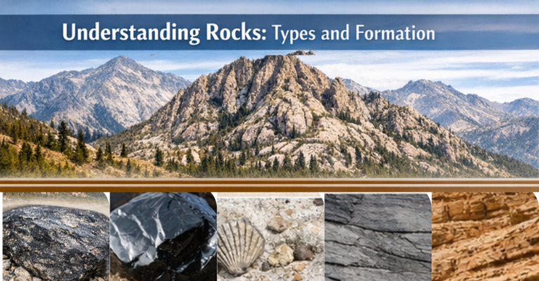 Feature image showing the rock cycle with igneous, sedimentary, and metamorphic rocks forming a continuous cycle.