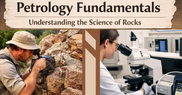 Petrology field study and laboratory analysis showing geologist examining rocks in the field and petrographic microscope with rock samples in a laboratory environment
